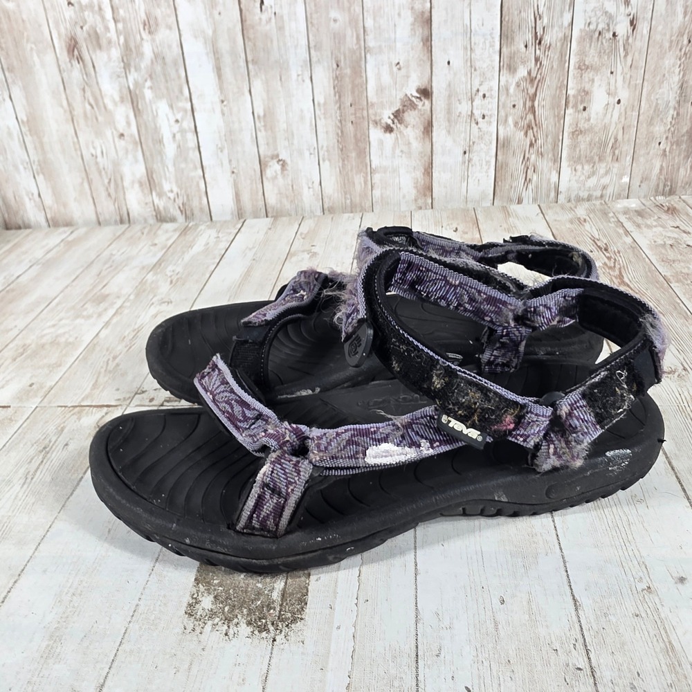 Teva Hurricane 6455 Purple Patterned Sport Sandals Womens Size 8 Black Strap - Picture 2 of 6